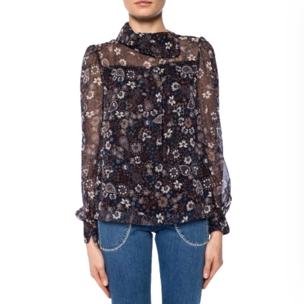 See By Chloe Floral Motif Shirt Blouse Womens 38 6 Black Long Sleeve Sheer Top
